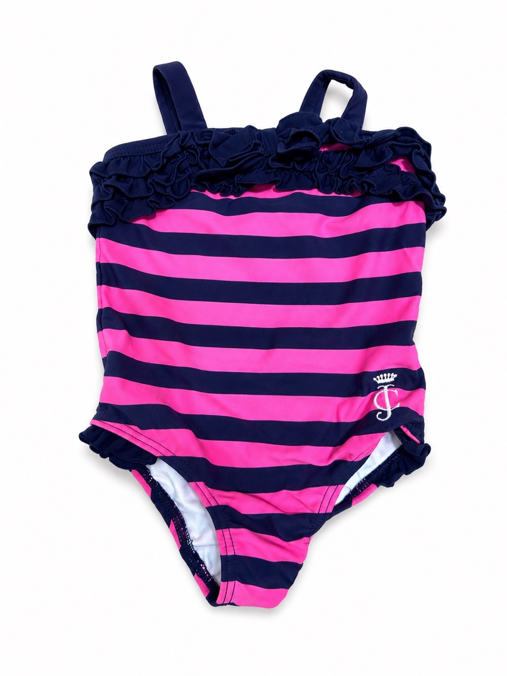 Juicy Couture Pink & Navy Striped Girls' One-Piece Swimsuit with Ruffle Trim